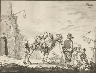 Mann mit Pferd bei Wäscherin