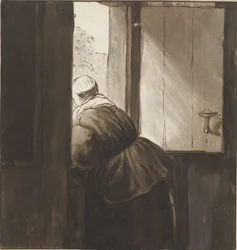 Frau, die sich über eine Halbtür lehnt