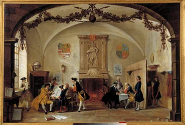Allegorie des Krieges gegen Frankreich. Niederländische Soldaten studieren Strategien während des Spanischen Erbfolgekrieges (1701-1714) zwischen Frankreich und Spanien und einer Koalition aus England, den Niederlanden und Preußen. Gemälde von Cornelis Tro