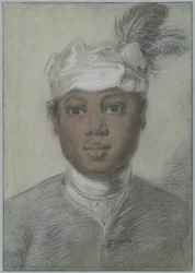 Kopf eines jungen Schwarzen Mannes mit federbesetztem Turban