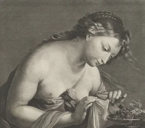 Erigone beugt sich über eine Schale mit Trauben und hebt ein Stück Stoff mit beiden Händen, ca. 1700