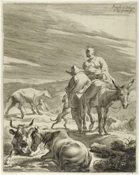 Eine Mutter und ein gewickeltes Kind reiten auf einem Esel, Platte 4 aus Vier Landschaften