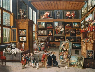 Ein geräumiger Eingangsbereich mit Bildern, Sammlerstücken, einem Künstler und einem Kenner, ca. 1635-1640