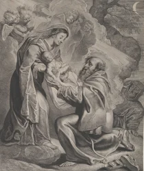 Die Vision des heiligen Franziskus, kniend rechts, das Christkind von der Jungfrau empfangend