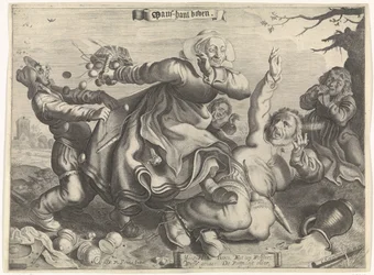 Eine Frau, die ihren Mann zertritt. Die Hand des Mannes oben (Titel auf dem Objekt)