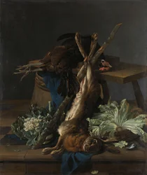 Stillleben mit Hase und schwarzem Hahn