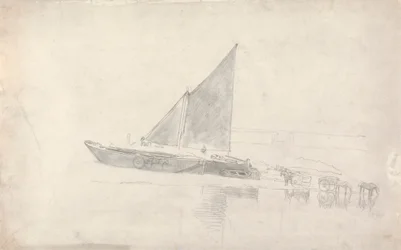 Studie von Booten mit Pferden und Karren