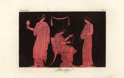 Darstellung von Penelope, der Frau des Odysseus, mit ihren Dienerinnen