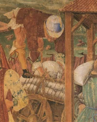 Kaufmann bei der Arbeit, Detail aus Triumph der Ceres, Szene aus dem Monat August, zugeschrieben Cosimo Tura