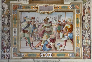 Schlachtenszene, aus den Taten von Gottfried von Bouillon bei der Eroberung Jerusalems
