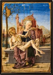 Beweinung, von Cosmè Tura, ca. 1460. Im oberen linken Teil des Gemäldes ist ein Affe zu sehen, der sich an den Ästen eines Apfelbaums festhält. Es ist eine Anspielung auf den Baum der Erkenntnis von Gut und Böse und auf die Versuchung des Teufels im irdisc