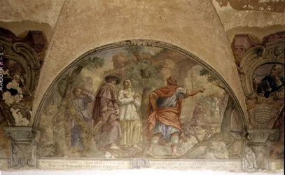 St. Dominikus bekehrt einen Ketzer, Lünette aus dem Freskenzyklus des Lebens von St. Dominikus im Kreuzgang von St. Dominikus, ca. 1698