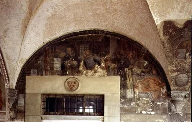 St. Dominikus heilt die kranke Frau, Lünette aus dem Freskenzyklus des Lebens von St. Dominikus im Kreuzgang von St. Dominikus, ca. 1698