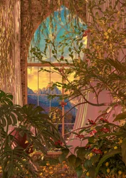 Üppiger Fensterblick auf die Berge