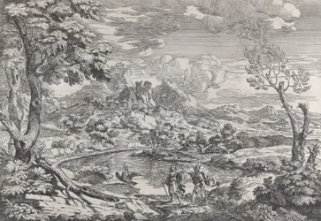 Landschaft mit einem Mann, der Merkur den Adler des Jupiter zeigt, ca. 1695-99