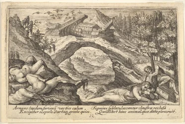 Nach der Sintflut: menschliche Leichen liegen im Vordergrund auf trockenem Land verstreut, Noahs Arche liegt vor Anker..., 1612.