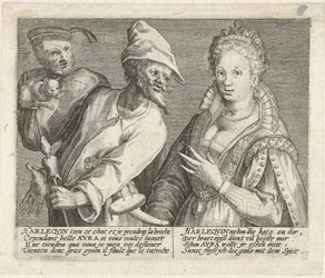 Aura versucht Harlekin zu verführen (Mimicarum aliquot facetiarum icones ad habitum Italicum expressi)