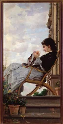 Frau näht auf der Terrasse