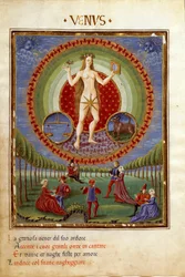 Komödie mit den Tierkreiszeichen Waage und Stier. Die galanten Szenen (Miniatur, ca. 1470)