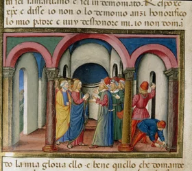 Jesus wurde in der Nähe des Tempels von Salomo von Juden unterbrochen, die ihn baten, seine Identität zu beweisen Miniatur von Cristoforo De Predis (1440-1486) nach der Geschichte des Neuen Testaments