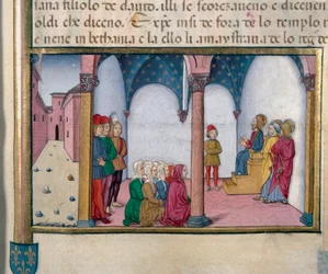Jesus lehrt im Miniaturtempel von Cristoforo De Predis nach der Geschichte des Neuen Testaments