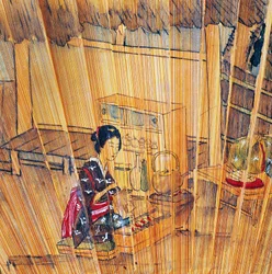 Doppelseitiger Fächer mit lackierten Holzstäben und Schutz, der die Teezubereitung darstellt