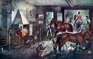 Trabrennpferde bei der Schmiede, 1869