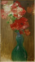 Mohn in doppelbauchiger Glasflasche