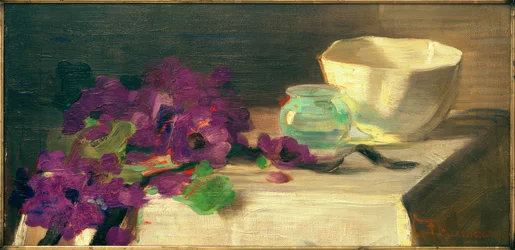 Stillleben mit Anemonen, Glasvase und Porzellanschale