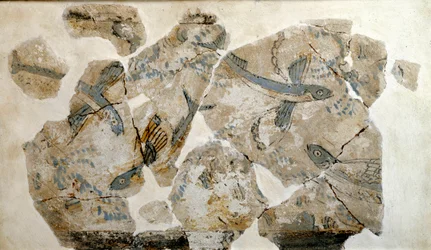 Kykladische Kunst: Fragment eines Freskos mit fliegenden Fischen (Seeschwalben). Von der Fundstätte Phylakopi (Insel Melos), 2500 v. Chr. Maße: 23 cm. Athen, Archäologisches Nationalmuseum