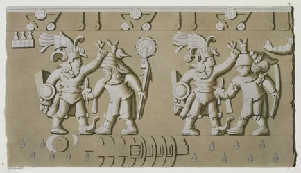 Basrelief antiker aztekischer Krieger, aus dem Stein von Tizoc, der einen Herrscher zeigt, der seine Gefangenen am Kopf hält
