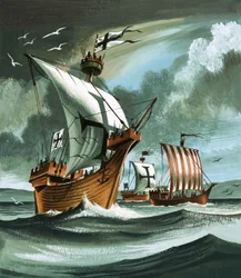 Handelsschiffe mit Deutschordensrittern nähern sich einem Piratenschiff