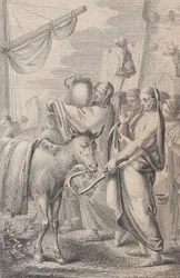 Figuren rechts in der Nähe eines Schiffes, einige halten Tiere über ihren Köpfen, ein Pferd links, 1783