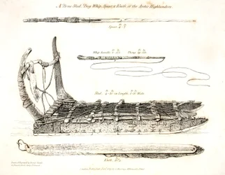 Ein Knochenschlitten, Hundewhip, Speer und Messer der arktischen Hochländer, Illustration aus 