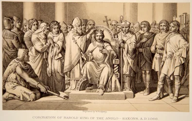Krönung Harolds II. im Jahr 1066, gestochen von W. Ridgeway