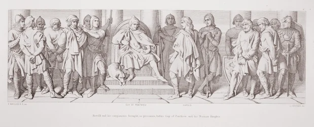 Harold und seine Gefährten als Gefangene vor Guy von Ponthieu und seine normannischen Ritter, aus 