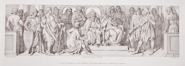 Harold, der sich auf einen Besuch bei Wilhelm von der Normandie begibt, verabschiedet sich von Edward dem Bekenner, aus 