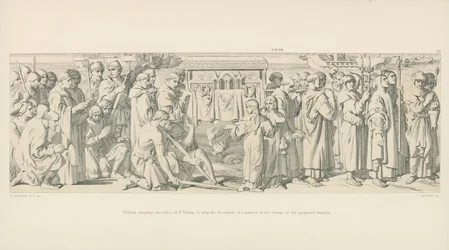 William zeigt die Reliquien von St. Valery, um die Unzufriedenheit eines Teils seiner Truppen bei der geplanten Invasion zu besänftigen