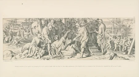 William stolpert bei der Landung, aber ergreift die Erde mit seiner Hand und ruft aus, dass er so den englischen Boden in Besitz nimmt, und beruhigt so seine Anhänger, die seinen Sturz als schlechtes Omen betrachteten