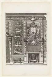 Design für eine Kaminwand mit lackierten Paneelen und Porzellan