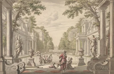 Ansicht eines Palastgartens mit einem zentralen Teich, umgeben von klassischer Architektur..., ca. 1700-1720