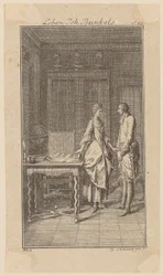 Bunkel in Miss Henriette Noels Bibliothek, Blatt 1 aus „Leben Bemerkungen und Meinungen Johann Bunkels"