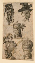 Fünf Kopfbedeckungen für Frauen, zwei Fragmente von Illustrationen für "Königl: Grosbrit[anische] Genealogischer Kalender auf das Jahr 1781 Lauenberg bei J.G. Berenberg"