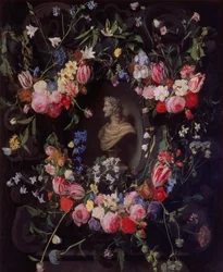 Blumengirlande um eine Marmorbüste von Erzherzog Leopold Wilhelm, ca. 1647