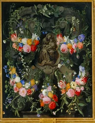 Madonna in einem Blumenkranz