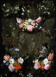 Marmornische verziert mit Blumen und eine Darstellung der Anbetung der Jungfrau enthaltend. Gemälde von Daniel Seghers (1590-1661) Private Sammlung.