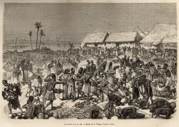 Ein sehr belebter Marsch in der Nähe des Kongo-Flusses, der mehr als dreitausend Menschen zusammenbringt, geätzt nach einer Zeichnung von D. Vierge, zur Illustration von David Livingstones letztem Tagebuch (1813-1873), 1866-1873, veröffentlicht in „Le tour