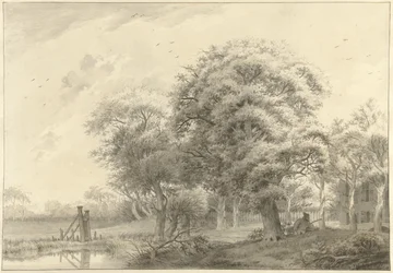 Landschaft mit im Hintergrund ein im neoklassizistischen Stil erbautes Landhaus
