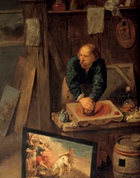 Malerwerkstatt mit Modell und Farbenschleifer (Detail). Gemälde von David III Ryckaert (1612-1661), flämische Schule