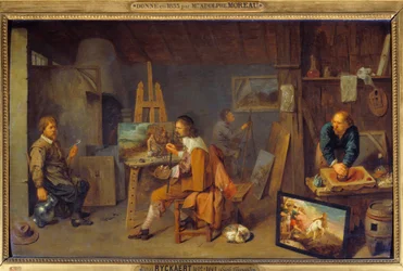Werkstatt des Malers mit posierendem Modell und Farbenschleifer. Gemälde von David III Ryckaert (1612-1661), flämische Schule
